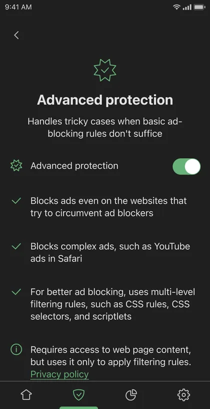 AdGuard iOS advanced protection screen