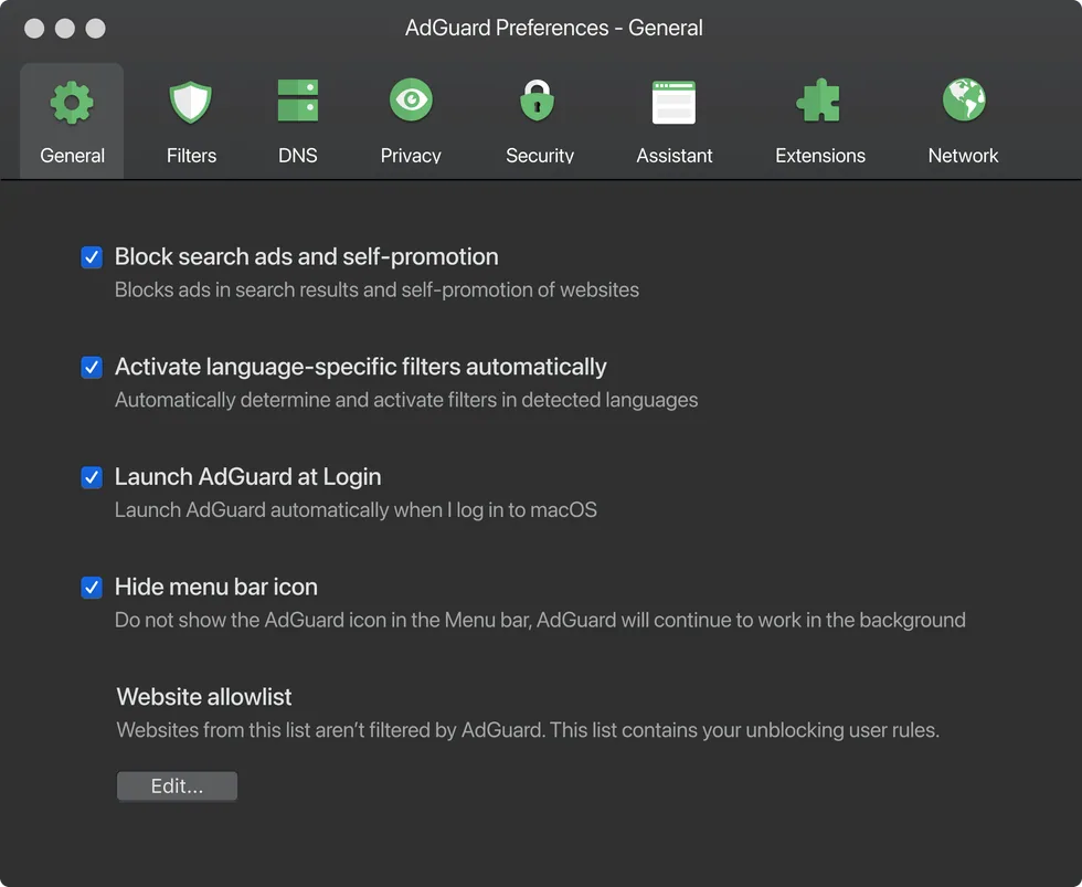 AdGuard settings interface with filtering controls
