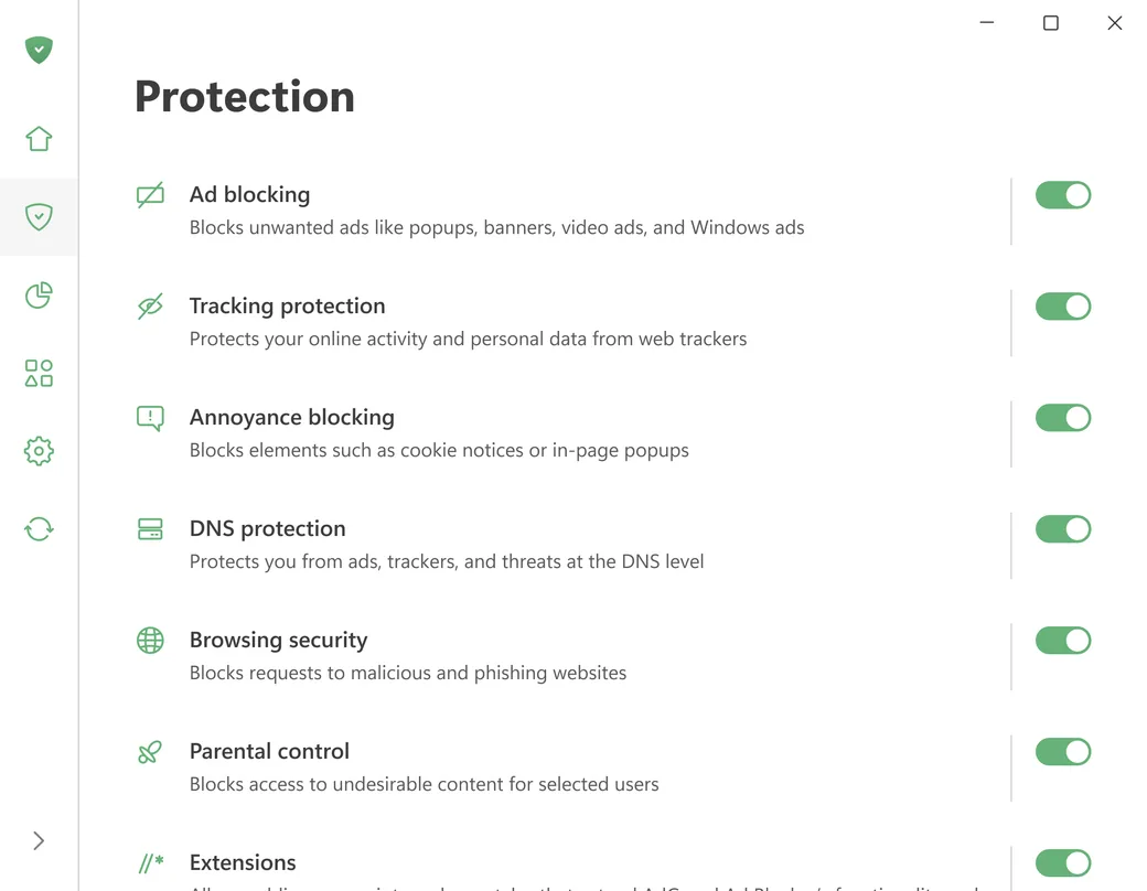 AdGuard protection settings for ad blocking, tracking protection, DNS protection, and browsing security